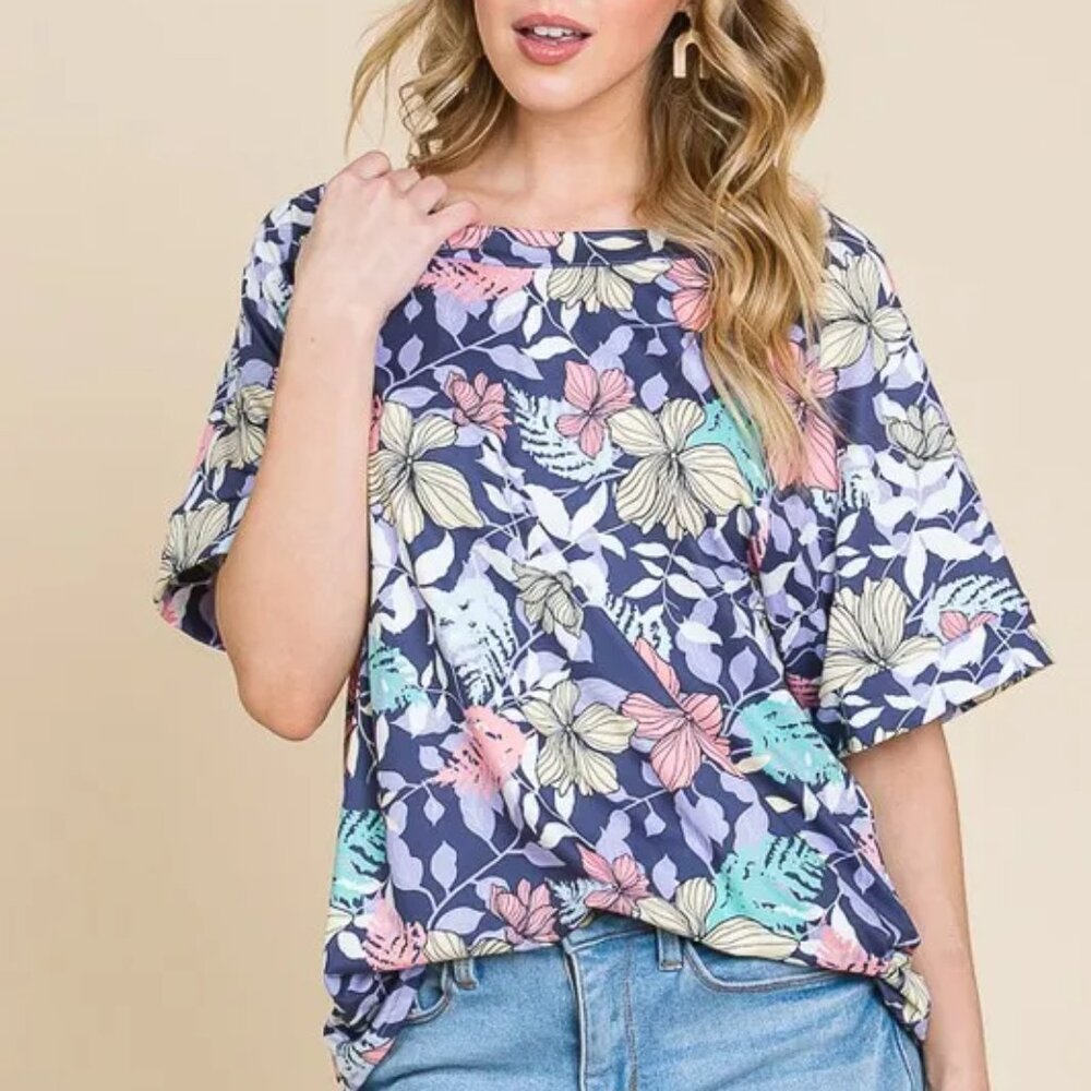 BOMBOM‎ Floral Round Neck Short Sleeve T-Shirt